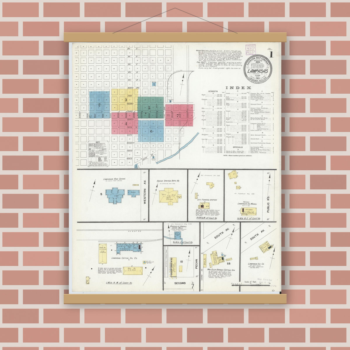 Old map wall art mockup — magnetic wood frame on brick wall — Sanborn Fire Insurance Map from Lampasas, Lampasas County, Texas (1907) - Complete Map Set