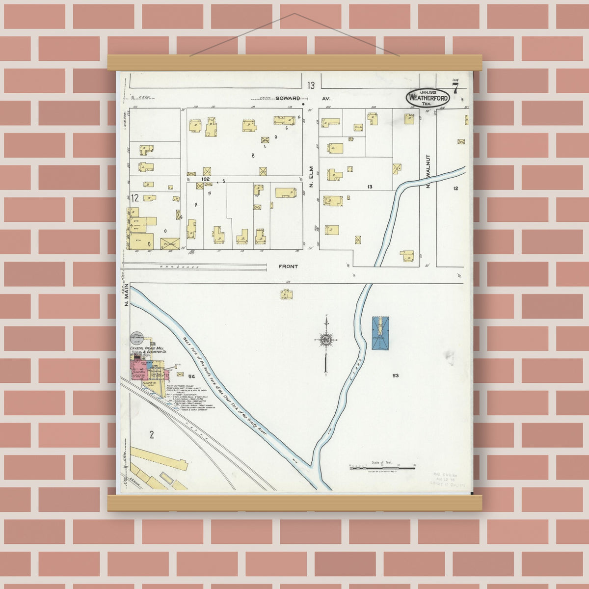 Old map wall art mockup — magnetic wood frame on brick wall — Sanborn Fire Insurance Map from Weatherford, Parker County, Texas (1921), Sheet #0007