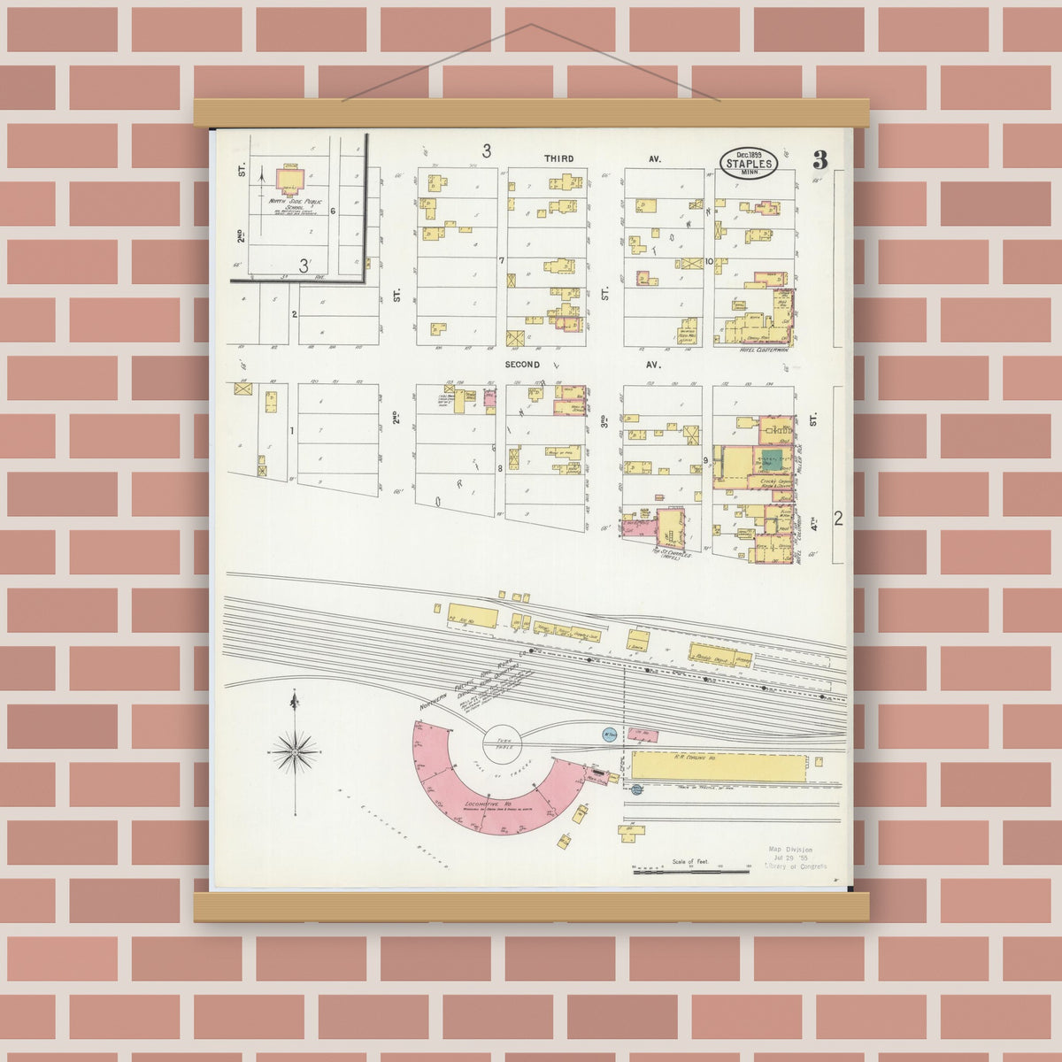Old map wall art mockup — magnetic wood frame on brick wall — Sanborn Fire Insurance Map from Staples, Todd County, Minnesota (1899), Sheet #0003