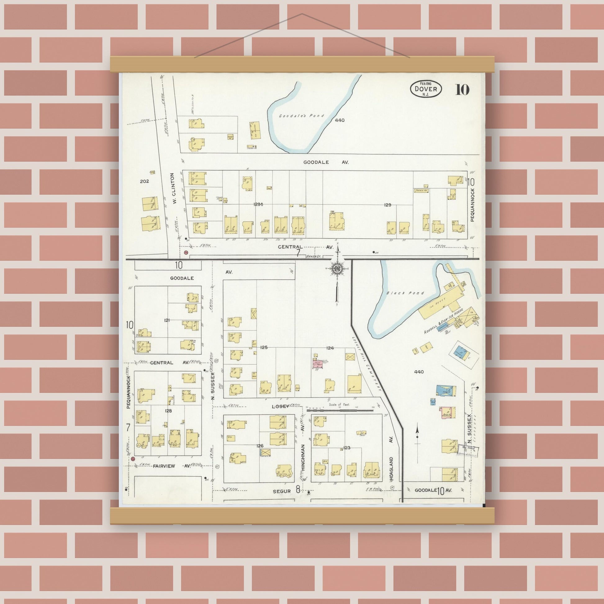 Old map wall art mockup — magnetic wood frame on brick wall — Sanborn Fire Insurance Map from Dover, Morris County, New Jersey (1916), Sheet #0010