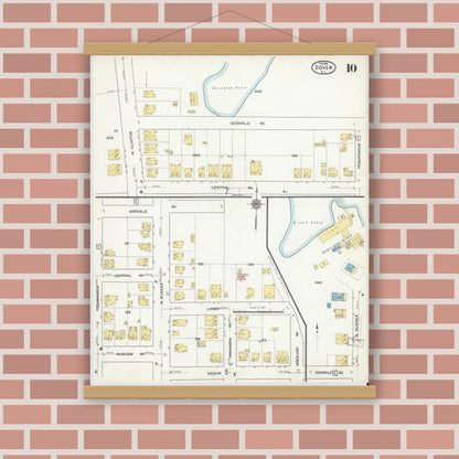 Old map wall art mockup — magnetic wood frame on brick wall — Sanborn Fire Insurance Map from Dover, Morris County, New Jersey (1916), Sheet #0010