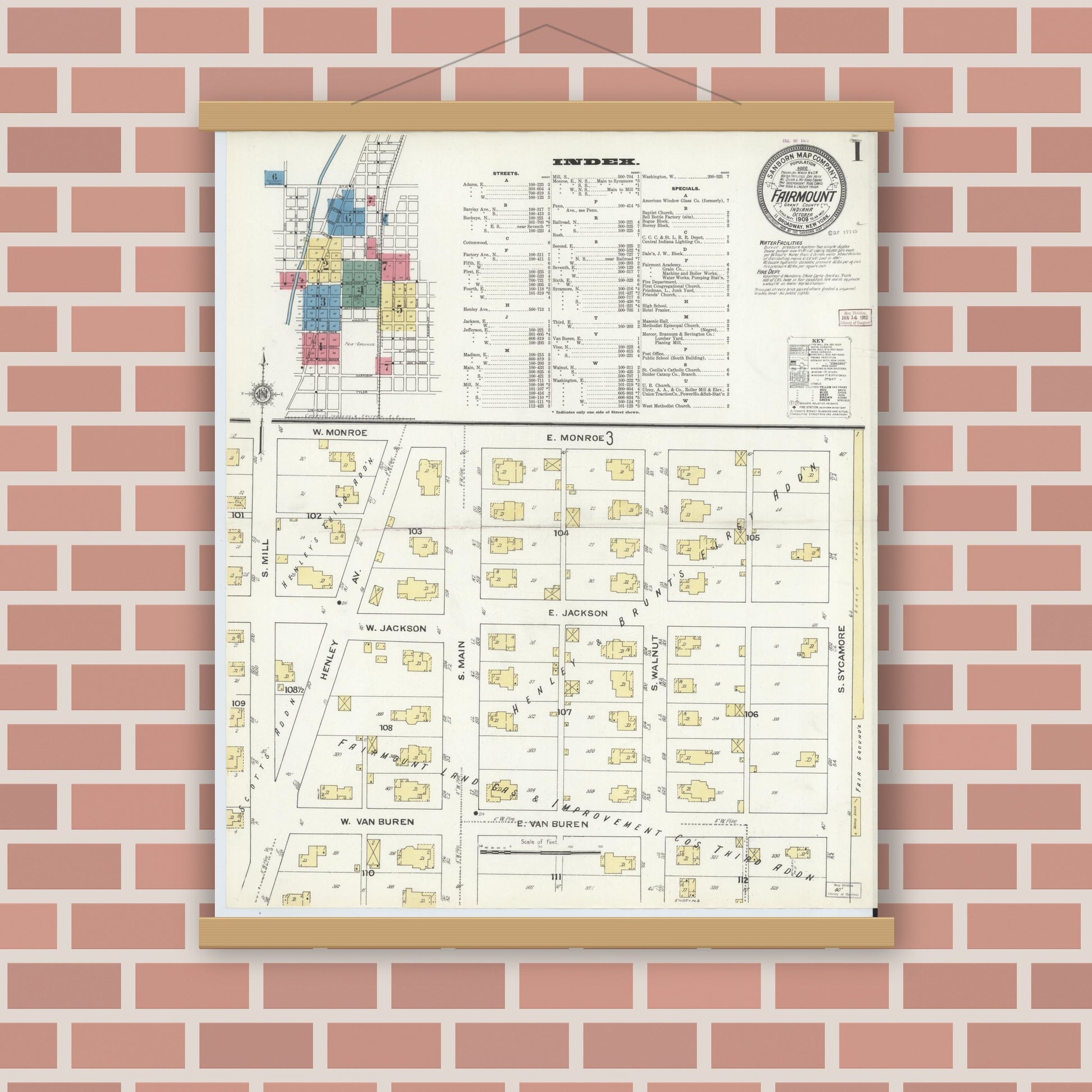 Old map wall art mockup — magnetic wood frame on brick wall — Sanborn Fire Insurance Map from Fairmount, Grant County, Indiana (1909) - Complete Map Set