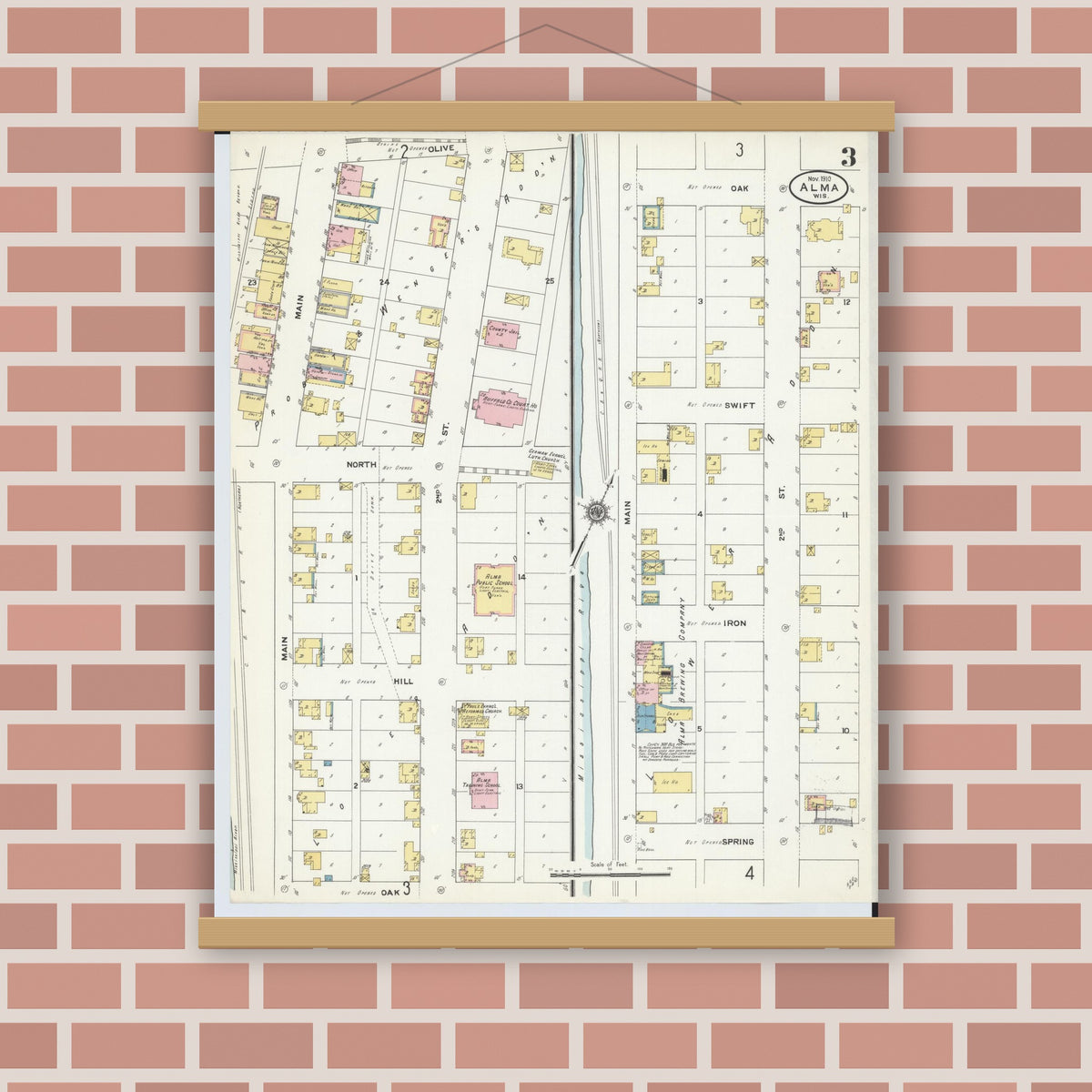 Old map wall art mockup — magnetic wood frame on brick wall — Sanborn Fire Insurance Map from Alma, Buffalo County, Wisconsin (1910), Sheet #0003