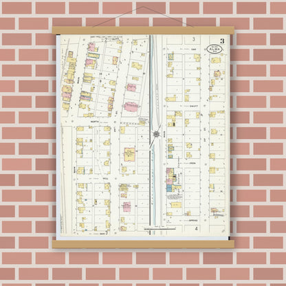 Old map wall art mockup — magnetic wood frame on brick wall — Sanborn Fire Insurance Map from Alma, Buffalo County, Wisconsin (1910), Sheet #0003