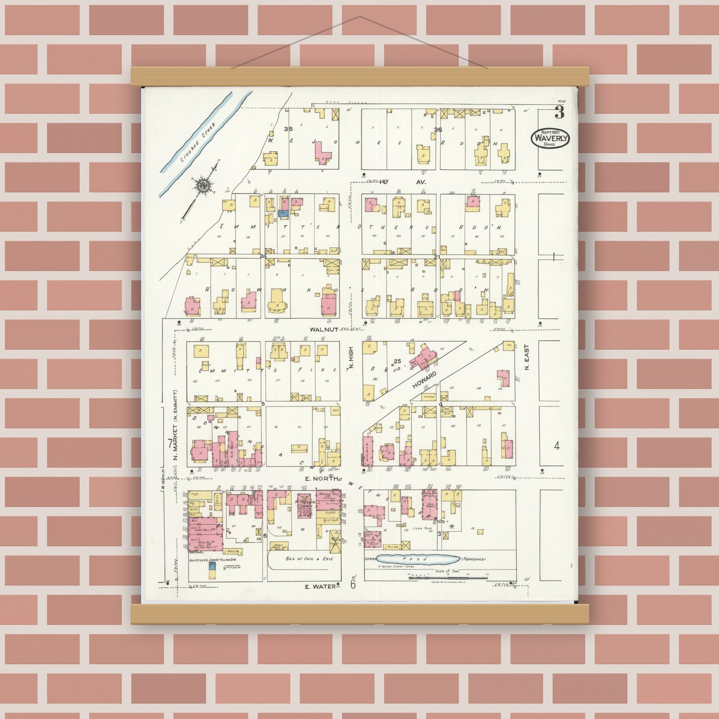 Old map wall art mockup — magnetic wood frame on brick wall — Sanborn Fire Insurance Map from Waverly, Pike County, Ohio (1921), Sheet #0003