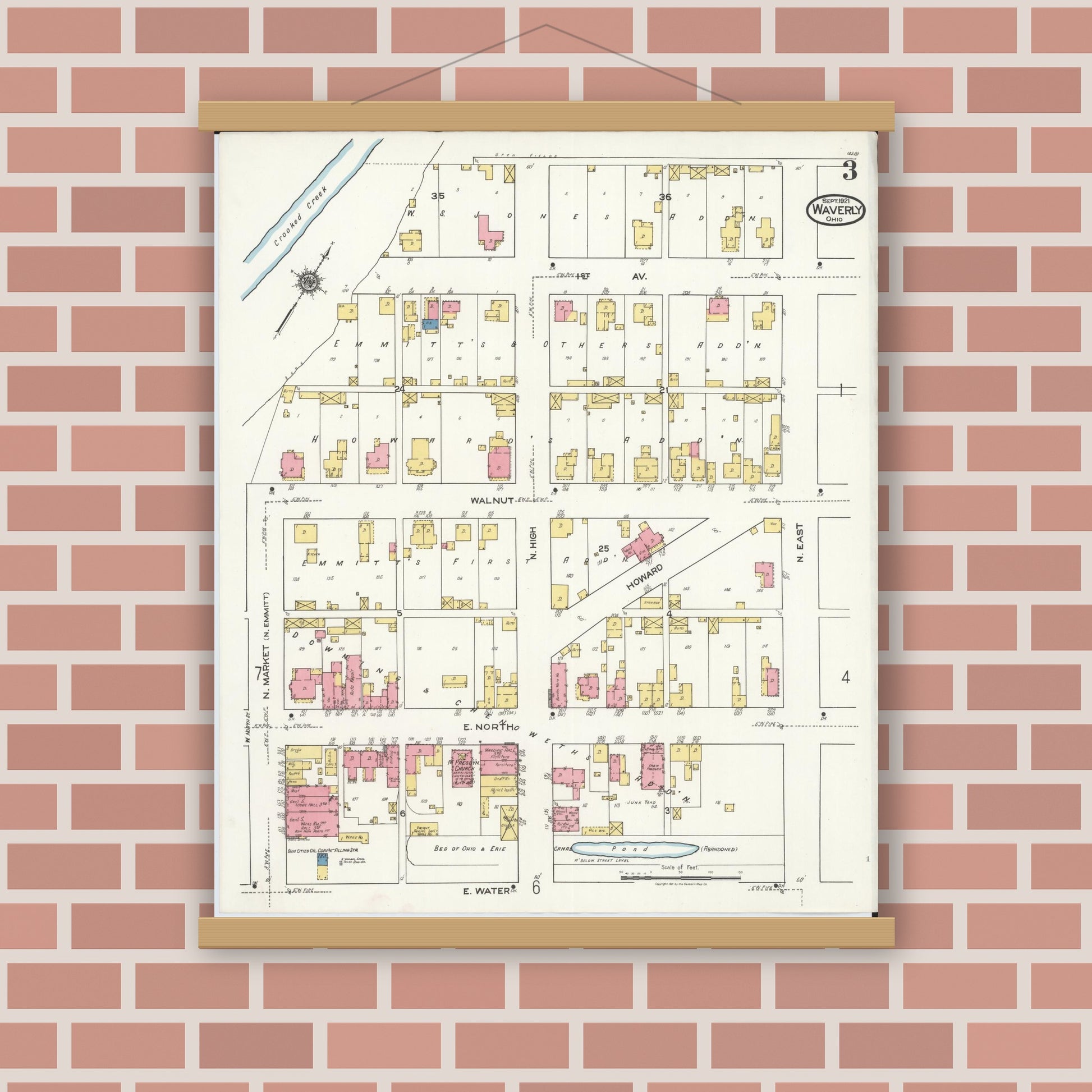 Old map wall art mockup — magnetic wood frame on brick wall — Sanborn Fire Insurance Map from Waverly, Pike County, Ohio (1921), Sheet #0003