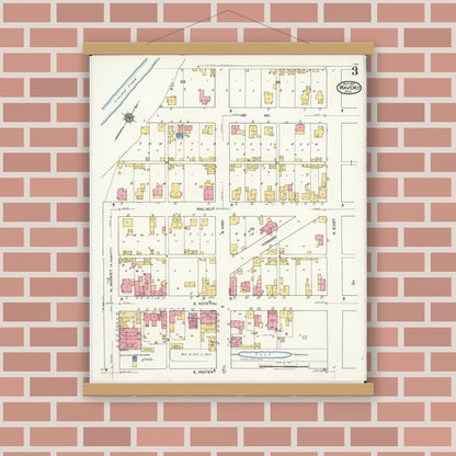 Old map wall art mockup — magnetic wood frame on brick wall — Sanborn Fire Insurance Map from Waverly, Pike County, Ohio (1921), Sheet #0003