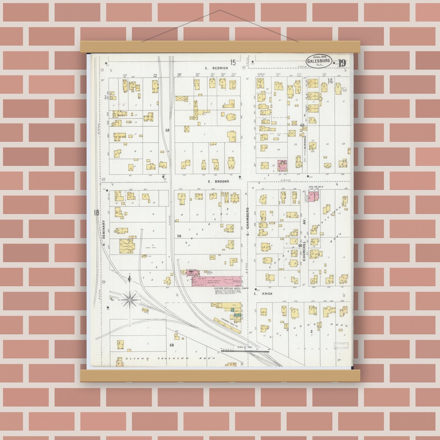 Old map wall art mockup — magnetic wood frame on brick wall — Sanborn Fire Insurance Map from Galesburg, Knox County, Illinois (1906), Sheet #0019