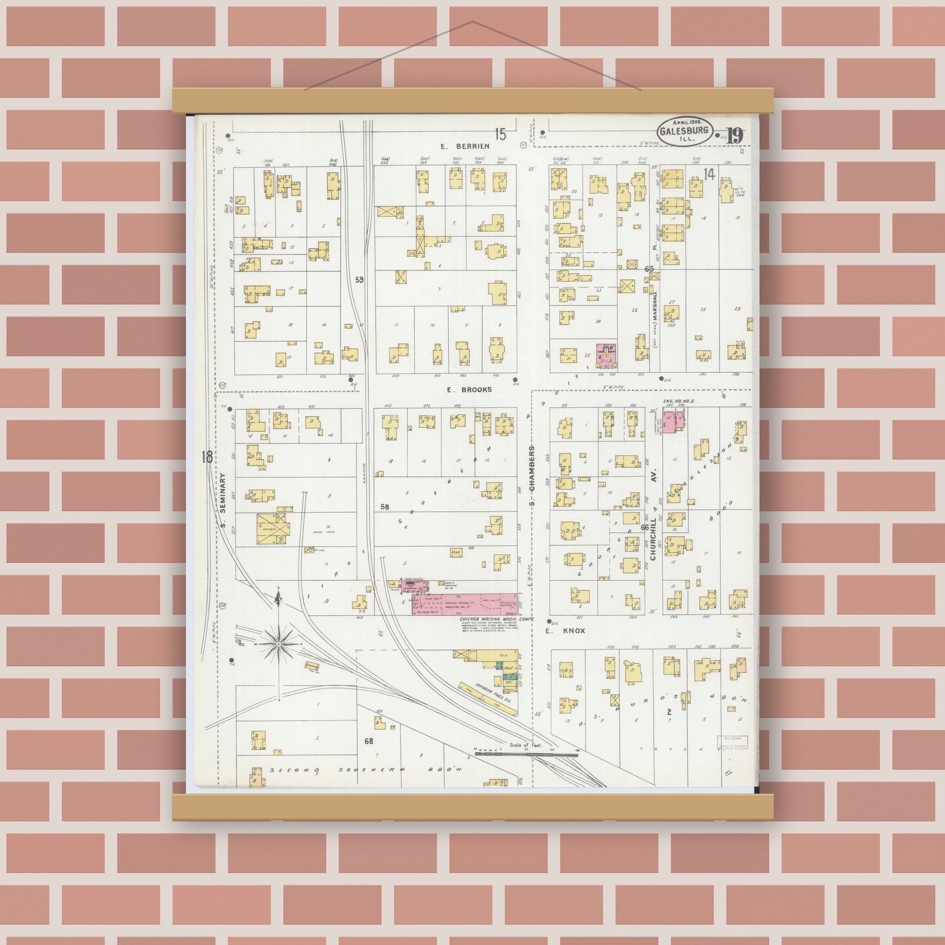 Old map wall art mockup — magnetic wood frame on brick wall — Sanborn Fire Insurance Map from Galesburg, Knox County, Illinois (1906), Sheet #0019