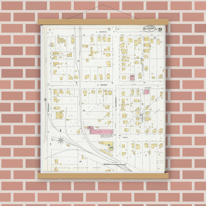 Old map wall art mockup — magnetic wood frame on brick wall — Sanborn Fire Insurance Map from Galesburg, Knox County, Illinois (1906), Sheet #0019