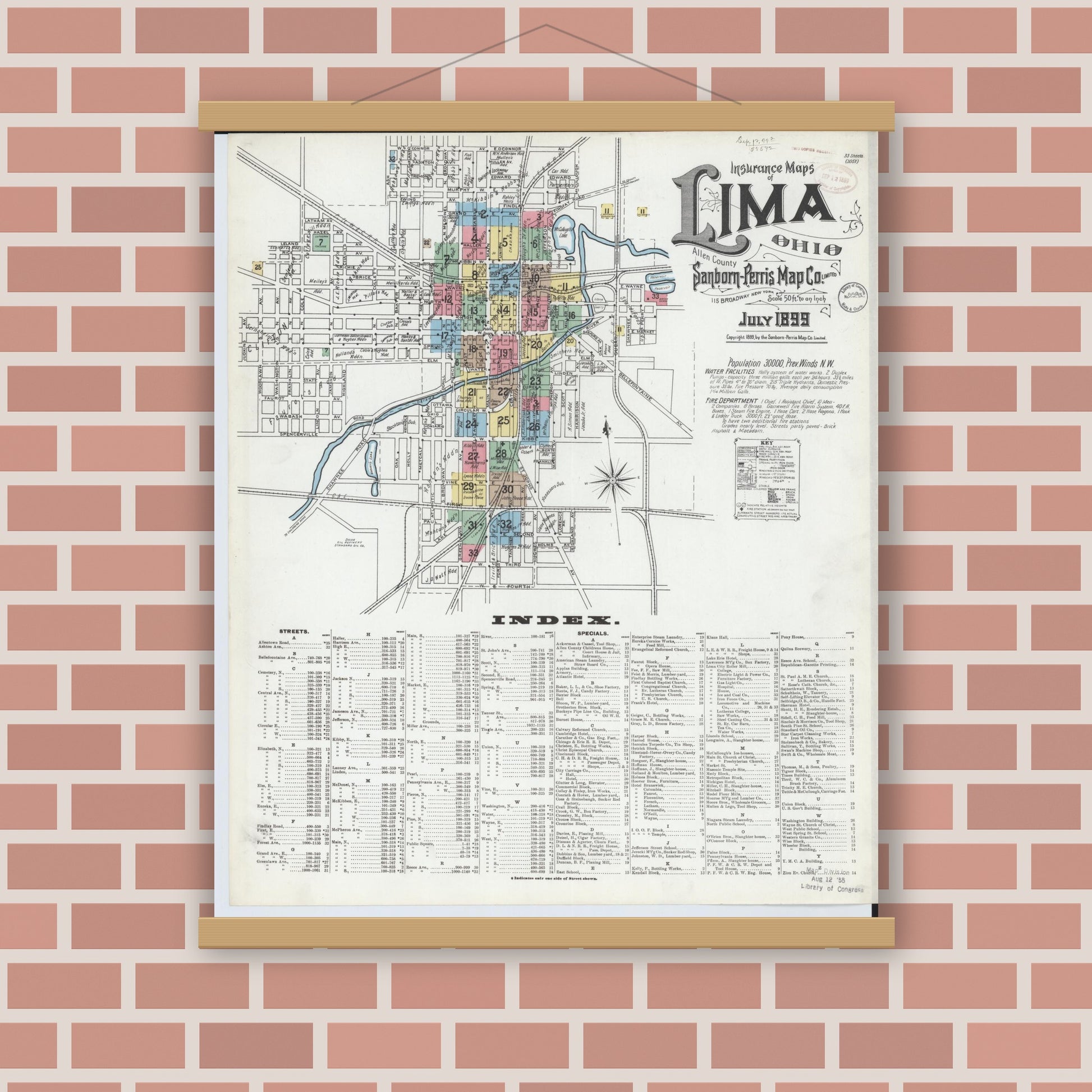 Old map wall art mockup — magnetic wood frame on brick wall — Sanborn Fire Insurance Map from Lima, Allen County, Ohio (1899) - Complete Map Set