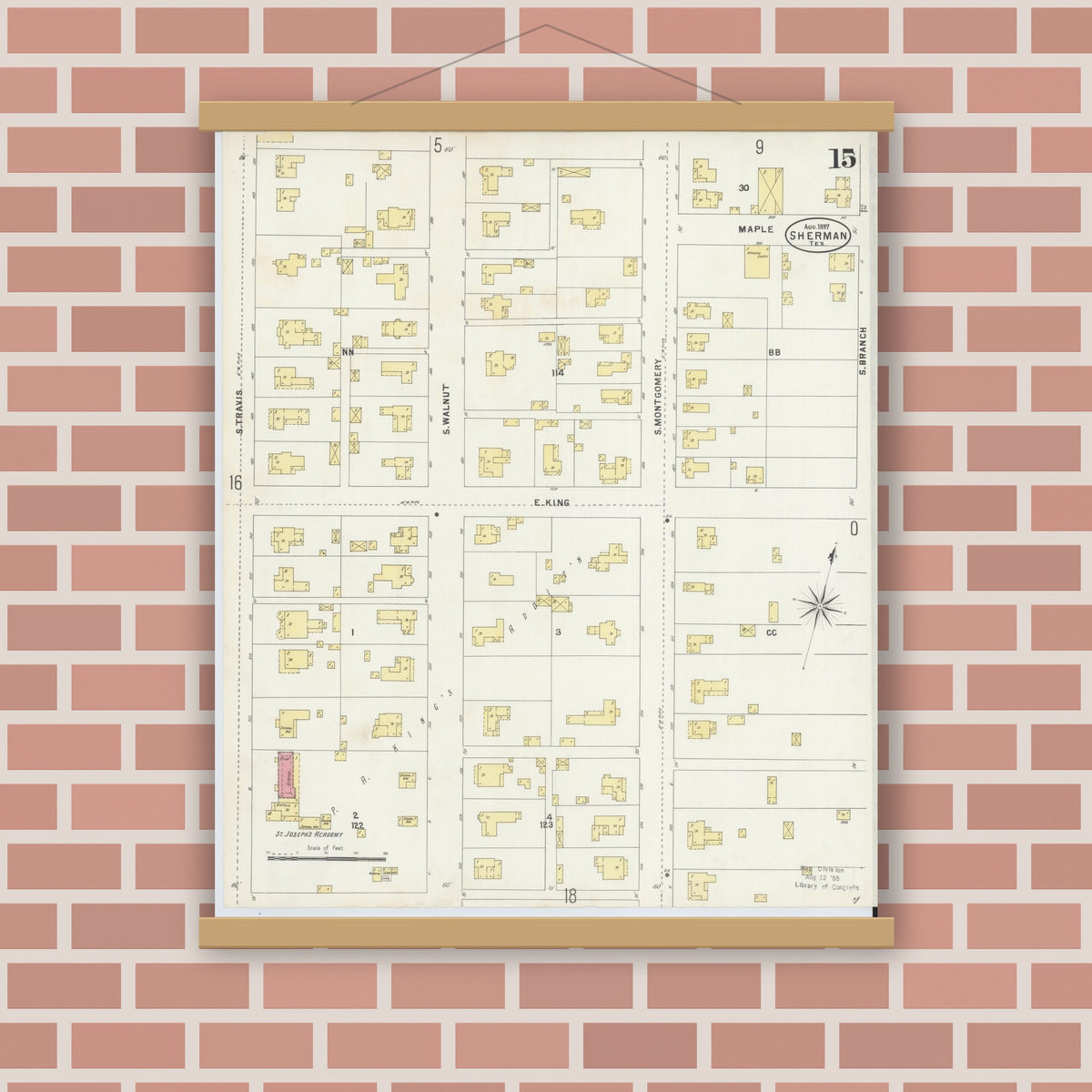 Old map wall art mockup — magnetic wood frame on brick wall — Sanborn Fire Insurance Map from Sherman, Grayson County, Texas (1897), Sheet #0015