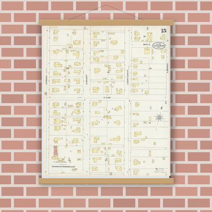 Old map wall art mockup — magnetic wood frame on brick wall — Sanborn Fire Insurance Map from Sherman, Grayson County, Texas (1897), Sheet #0015