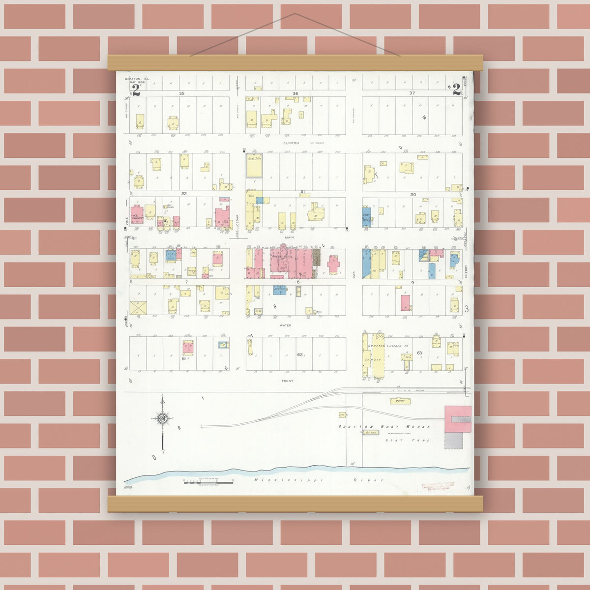 Old map wall art mockup — magnetic wood frame on brick wall — Sanborn Fire Insurance Map from Grafton, Jersey County, Illinois (1936), Sheet #0002