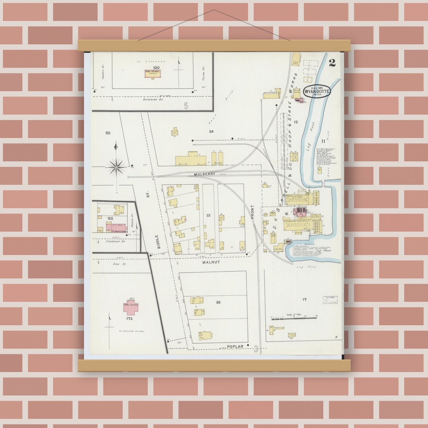 Old map wall art mockup — magnetic wood frame on brick wall — Sanborn Fire Insurance Map from Wyandotte, Wayne County, Michigan (1895), Sheet #0002