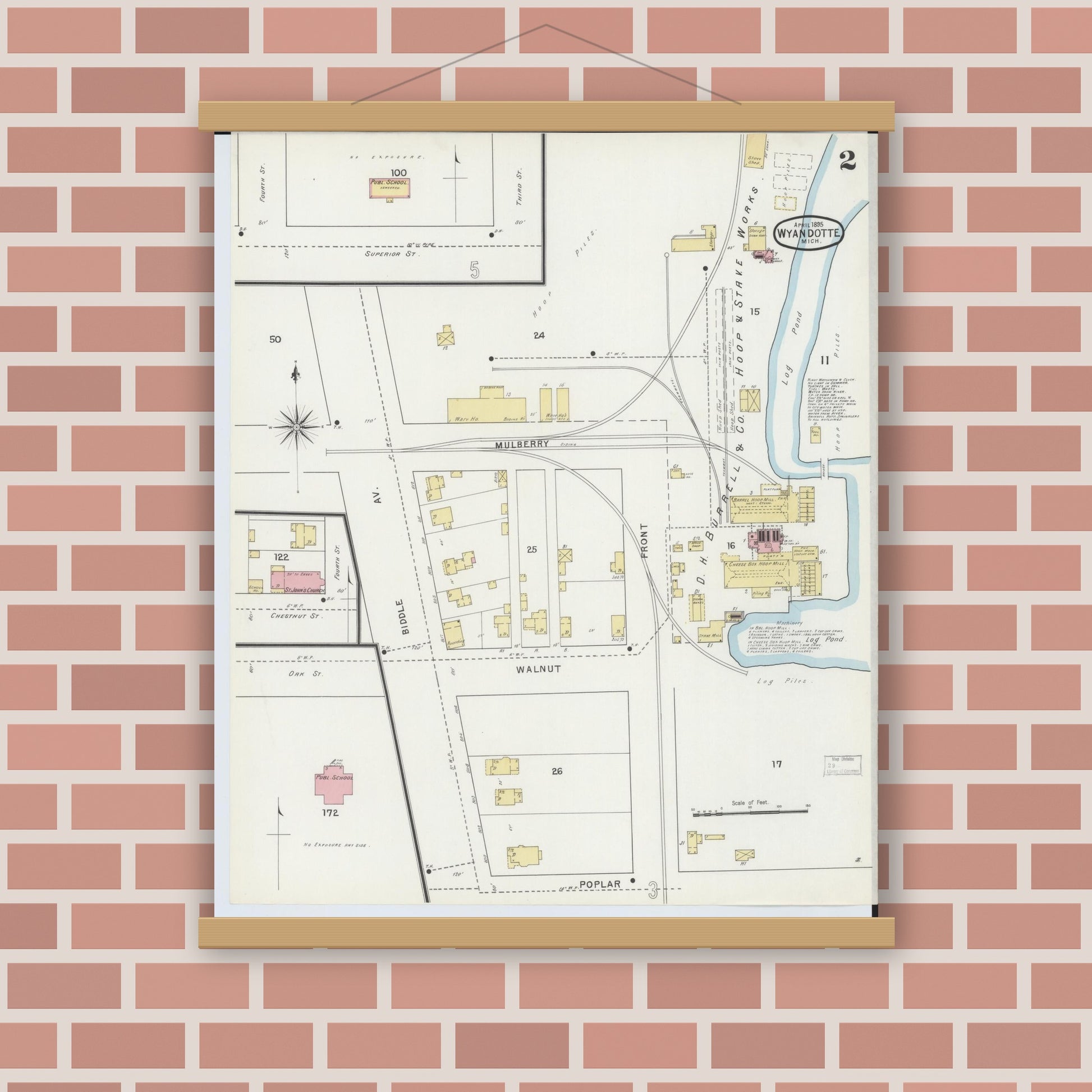 Old map wall art mockup — magnetic wood frame on brick wall — Sanborn Fire Insurance Map from Wyandotte, Wayne County, Michigan (1895), Sheet #0002