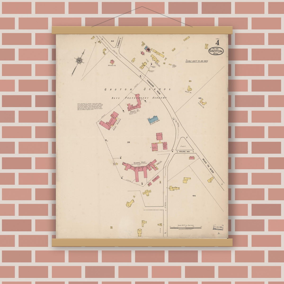 Old map wall art mockup — magnetic wood frame on brick wall — Sanborn Fire Insurance Map from Groton, Middlesex County, Massachusetts (1921), Sheet #0004