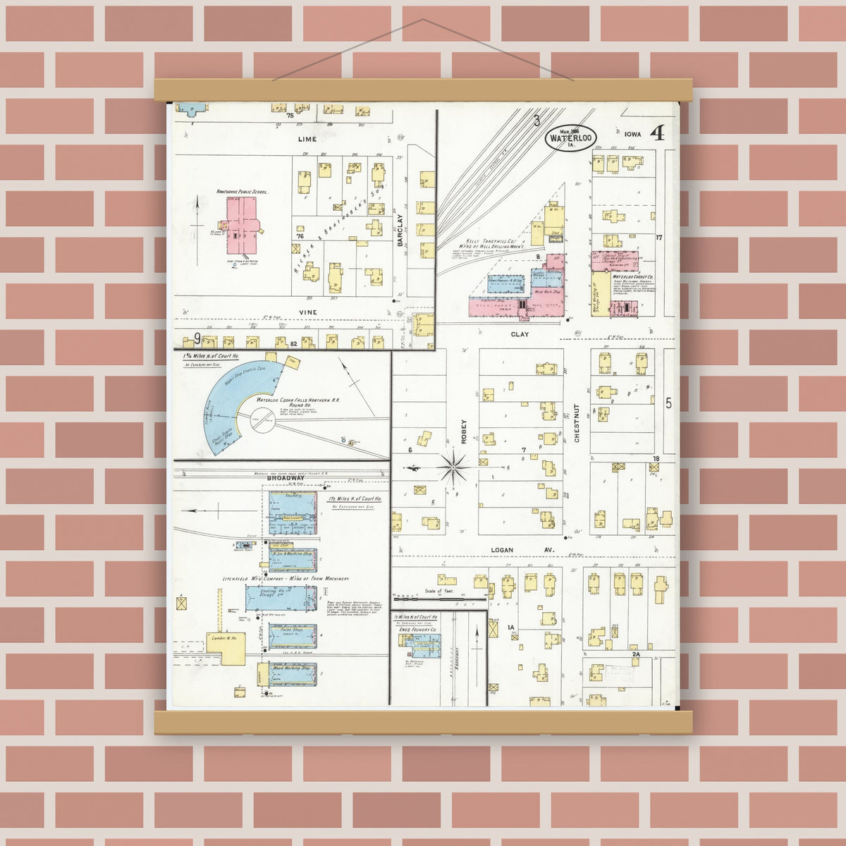Old map wall art mockup — magnetic wood frame on brick wall — Sanborn Fire Insurance Map from Waterloo, Black Hawk County, Iowa (1906), Sheet #0004