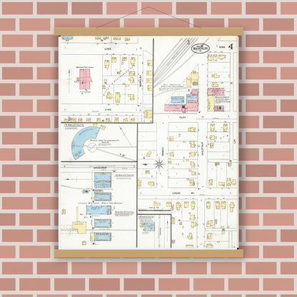 Old map wall art mockup — magnetic wood frame on brick wall — Sanborn Fire Insurance Map from Waterloo, Black Hawk County, Iowa (1906), Sheet #0004