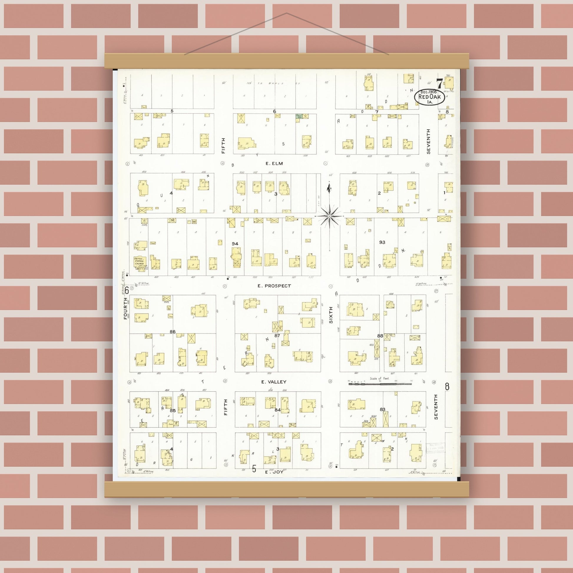 Old map wall art mockup — magnetic wood frame on brick wall — Sanborn Fire Insurance Map from Red Oak, Montgomery County, Iowa (1908), Sheet #0007