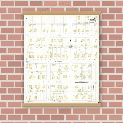 Old map wall art mockup — magnetic wood frame on brick wall — Sanborn Fire Insurance Map from Red Oak, Montgomery County, Iowa (1908), Sheet #0007