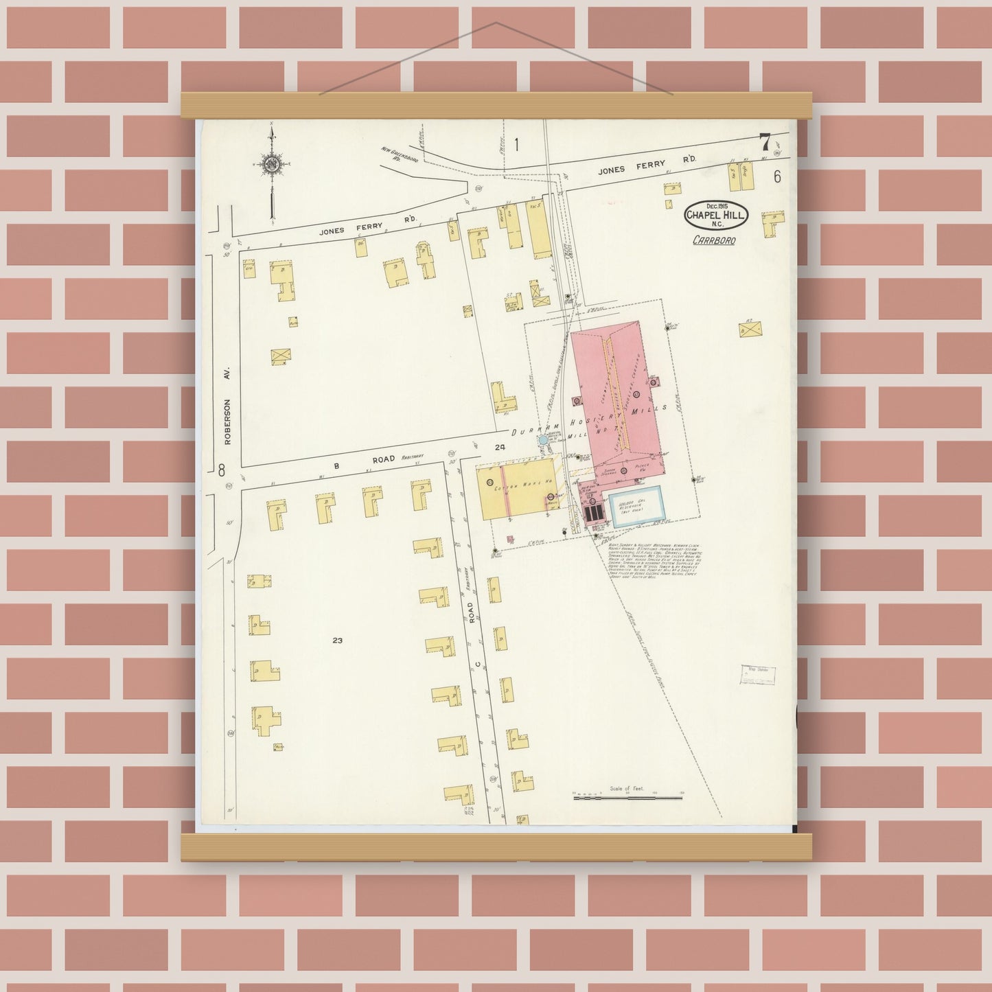Old map wall art mockup — magnetic wood frame on brick wall — Sanborn Fire Insurance Map from Chapel Hill, Orange County, North Carolina (1915), Sheet #0007