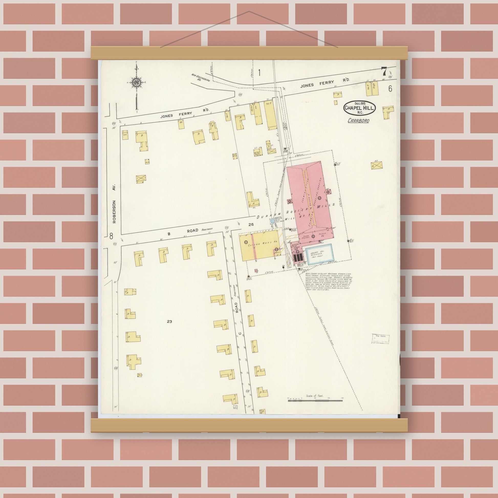 Old map wall art mockup — magnetic wood frame on brick wall — Sanborn Fire Insurance Map from Chapel Hill, Orange County, North Carolina (1915), Sheet #0007