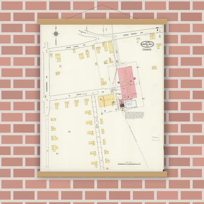 Old map wall art mockup — magnetic wood frame on brick wall — Sanborn Fire Insurance Map from Chapel Hill, Orange County, North Carolina (1915), Sheet #0007