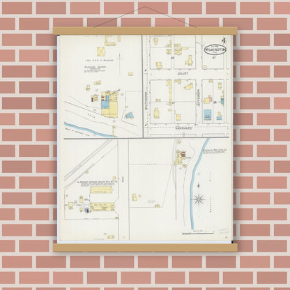 Old map wall art mockup — magnetic wood frame on brick wall — Sanborn Fire Insurance Map from Wilmington, Will County, Illinois (1892), Sheet #0004