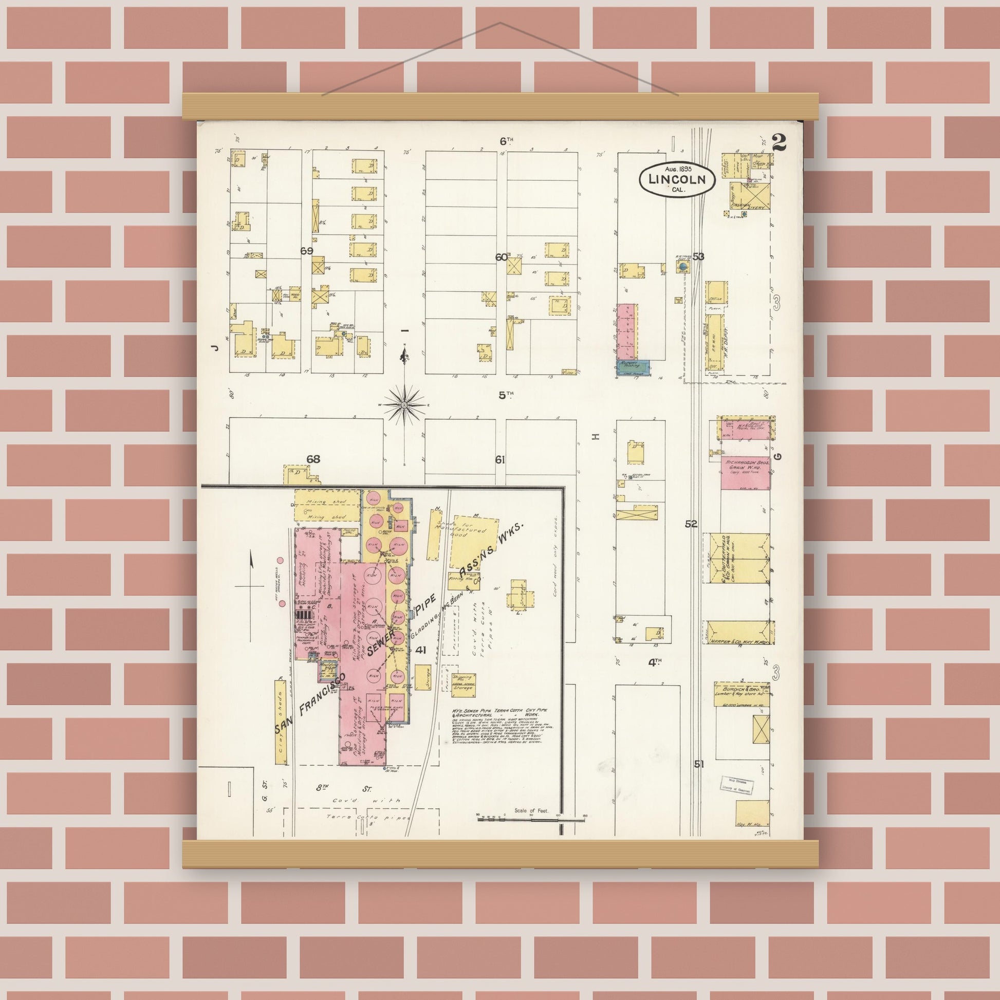 Old map wall art mockup — magnetic wood frame on brick wall — Sanborn Fire Insurance Map from Lincoln, Placer County, California (1893), Sheet #0002
