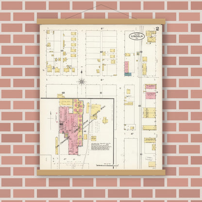 Old map wall art mockup — magnetic wood frame on brick wall — Sanborn Fire Insurance Map from Lincoln, Placer County, California (1893), Sheet #0002