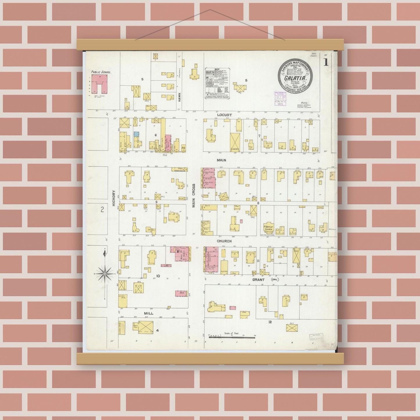 Old map wall art mockup — magnetic wood frame on brick wall — Sanborn Fire Insurance Map from Galatia, Saline County, Illinois (1902) - Complete Map Set