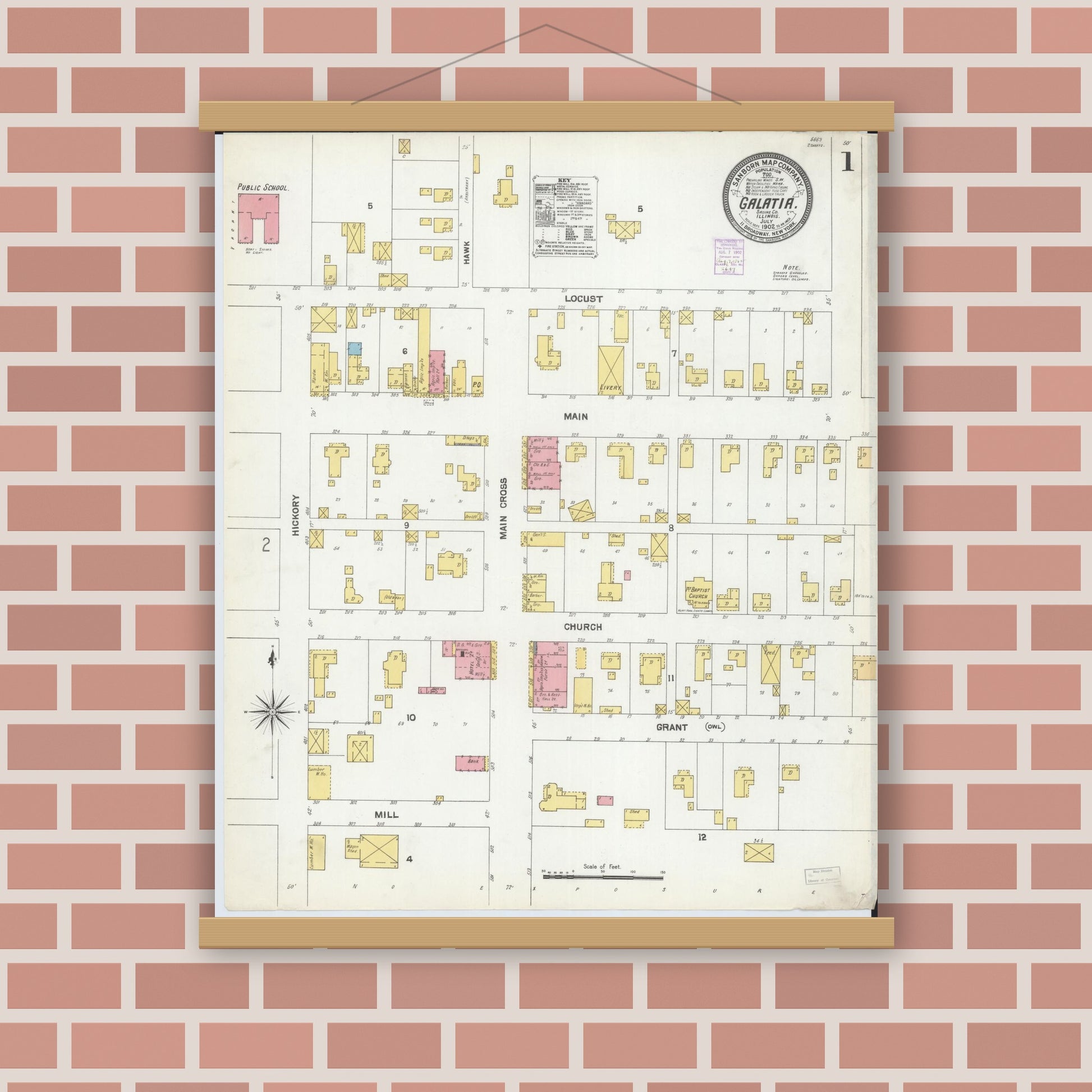 Old map wall art mockup — magnetic wood frame on brick wall — Sanborn Fire Insurance Map from Galatia, Saline County, Illinois (1902) - Complete Map Set