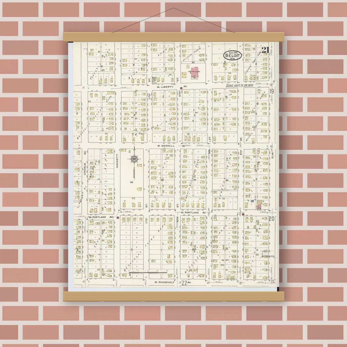 Old map wall art mockup — magnetic wood frame on brick wall — Sanborn Fire Insurance Map from Beloit, Rock County, Wisconsin (1915), Sheet #0021