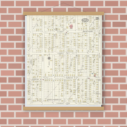 Old map wall art mockup — magnetic wood frame on brick wall — Sanborn Fire Insurance Map from Beloit, Rock County, Wisconsin (1915), Sheet #0021