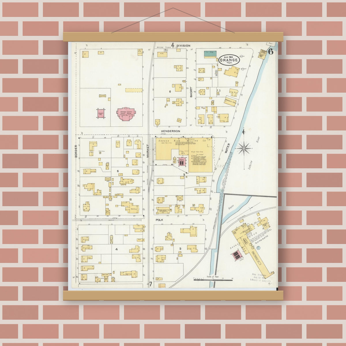 Old map wall art mockup — magnetic wood frame on brick wall — Sanborn Fire Insurance Map from Orange, Orange County, Texas (1904), Sheet #0006