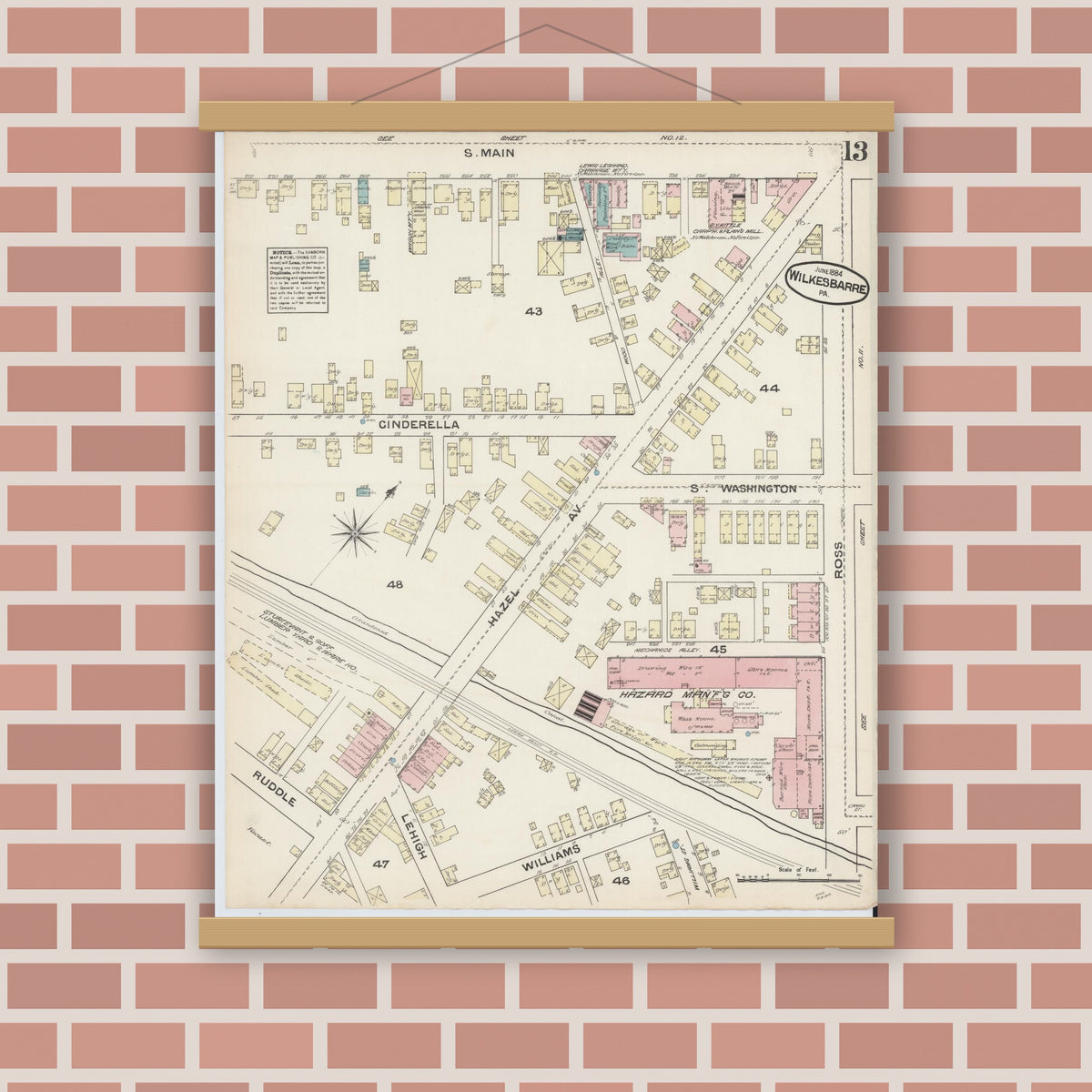 Old map wall art mockup — magnetic wood frame on brick wall — Sanborn Fire Insurance Map from Wilkes Barre, Luzerne County, Pennsylvania (1884), Sheet #0013