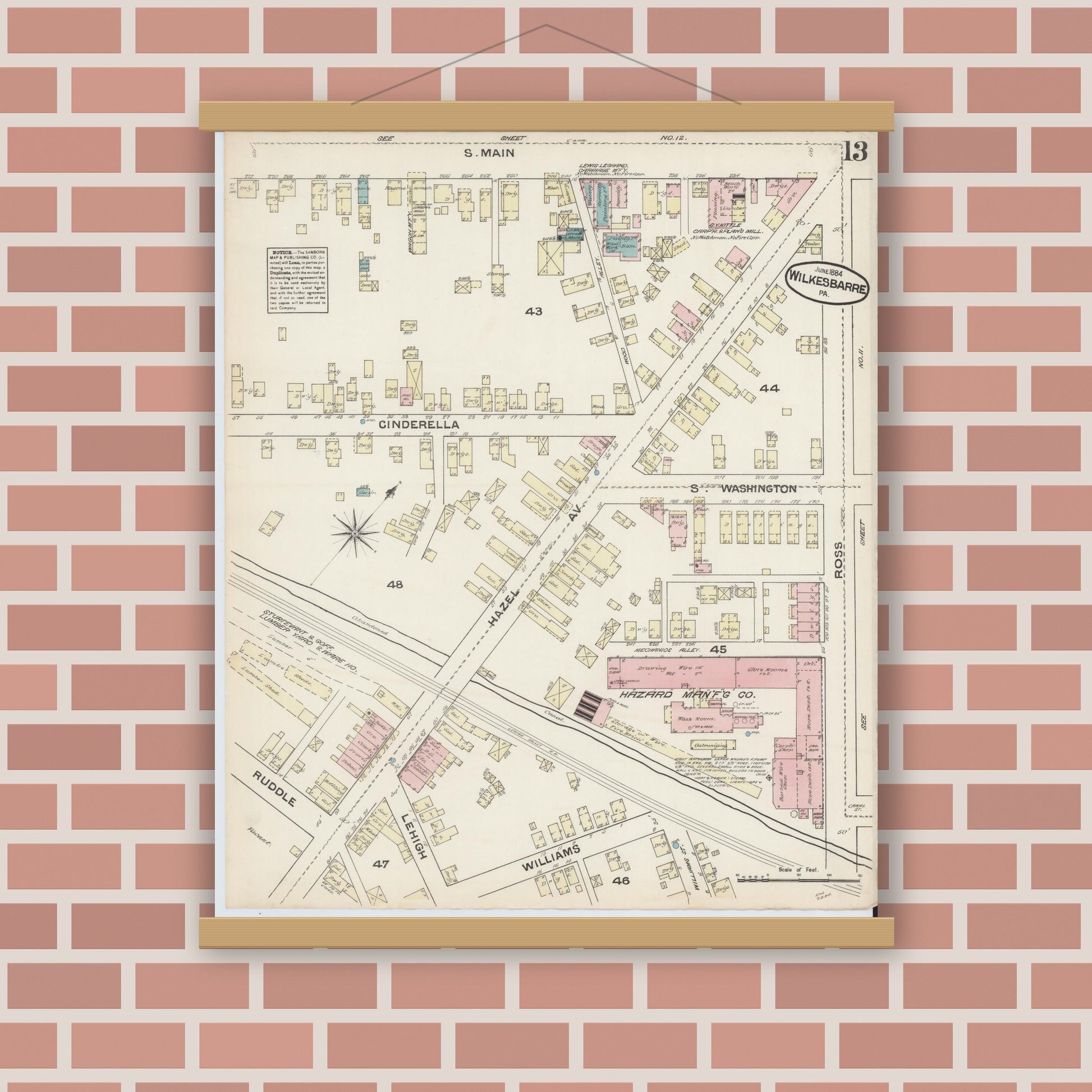 Old map wall art mockup — magnetic wood frame on brick wall — Sanborn Fire Insurance Map from Wilkes Barre, Luzerne County, Pennsylvania (1884), Sheet #0013