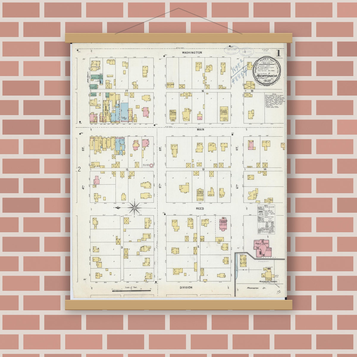 Old map wall art mockup — magnetic wood frame on brick wall — Sanborn Fire Insurance Map from Pecatonica, Winnebago County, Illinois (1898), Sheet #0001