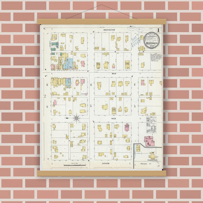 Old map wall art mockup — magnetic wood frame on brick wall — Sanborn Fire Insurance Map from Pecatonica, Winnebago County, Illinois (1898), Sheet #0001