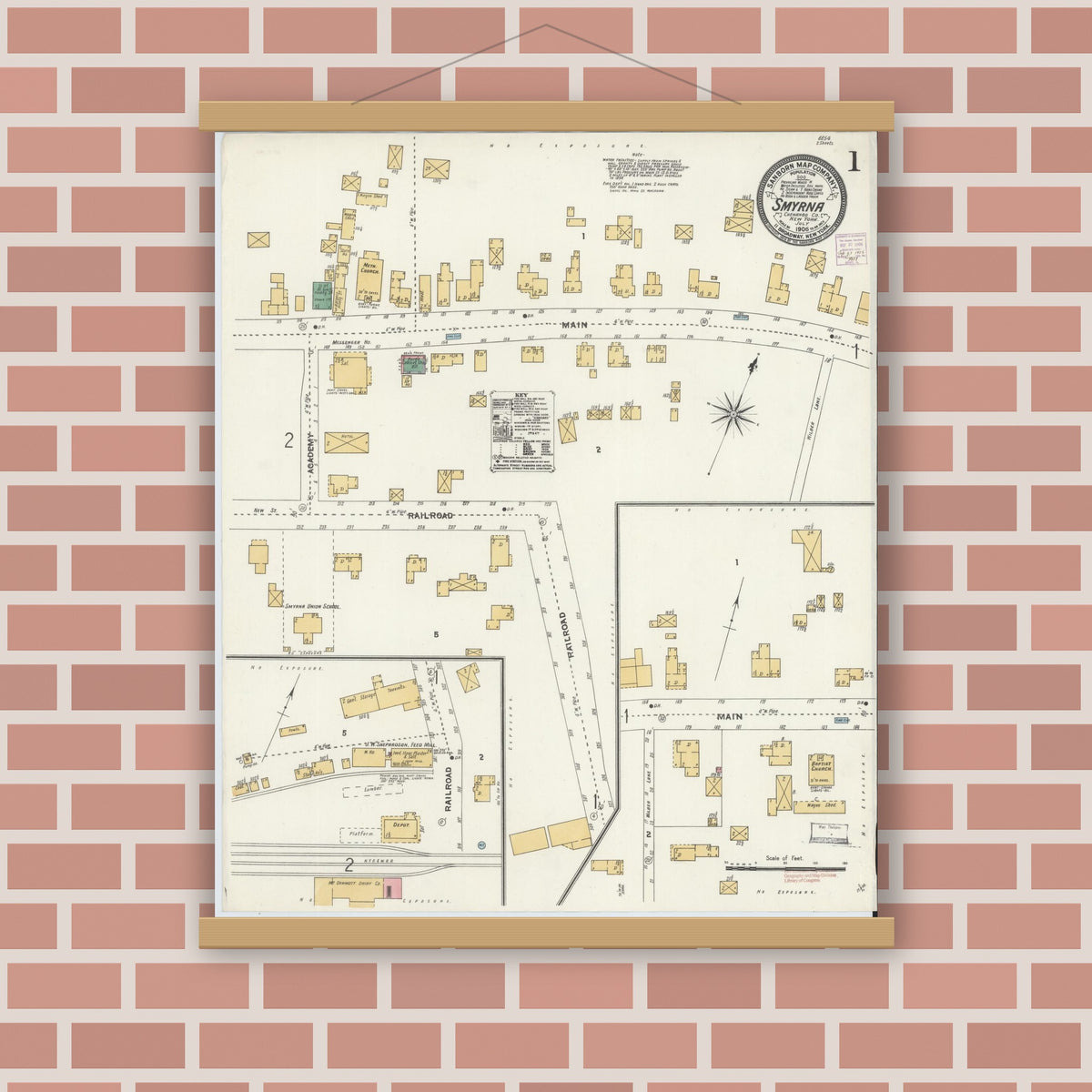 Old map wall art mockup — magnetic wood frame on brick wall — Sanborn Fire Insurance Map from Smyrna, Chenango County, New York (1906) - Complete Map Set