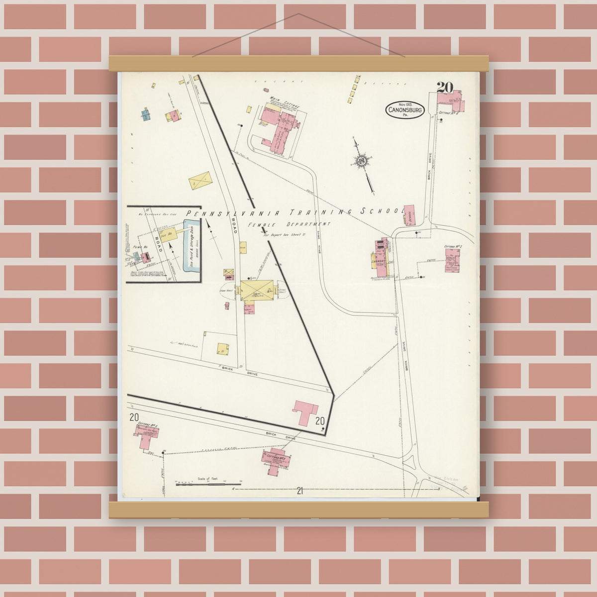 Old map wall art mockup — magnetic wood frame on brick wall — Sanborn Fire Insurance Map from Canonsburg, Washington County, Pennsylvania (1913), Sheet #0020