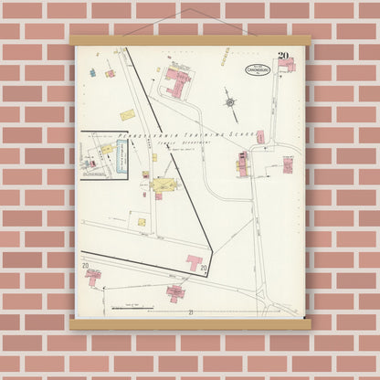 Old map wall art mockup — magnetic wood frame on brick wall — Sanborn Fire Insurance Map from Canonsburg, Washington County, Pennsylvania (1913), Sheet #0020