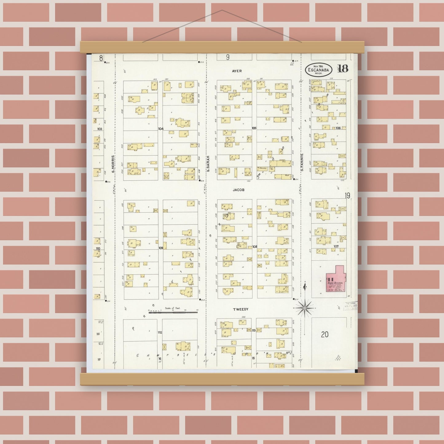 Old map wall art mockup — magnetic wood frame on brick wall — Sanborn Fire Insurance Map from Escanaba, Delta County, Michigan (1906), Sheet #0018