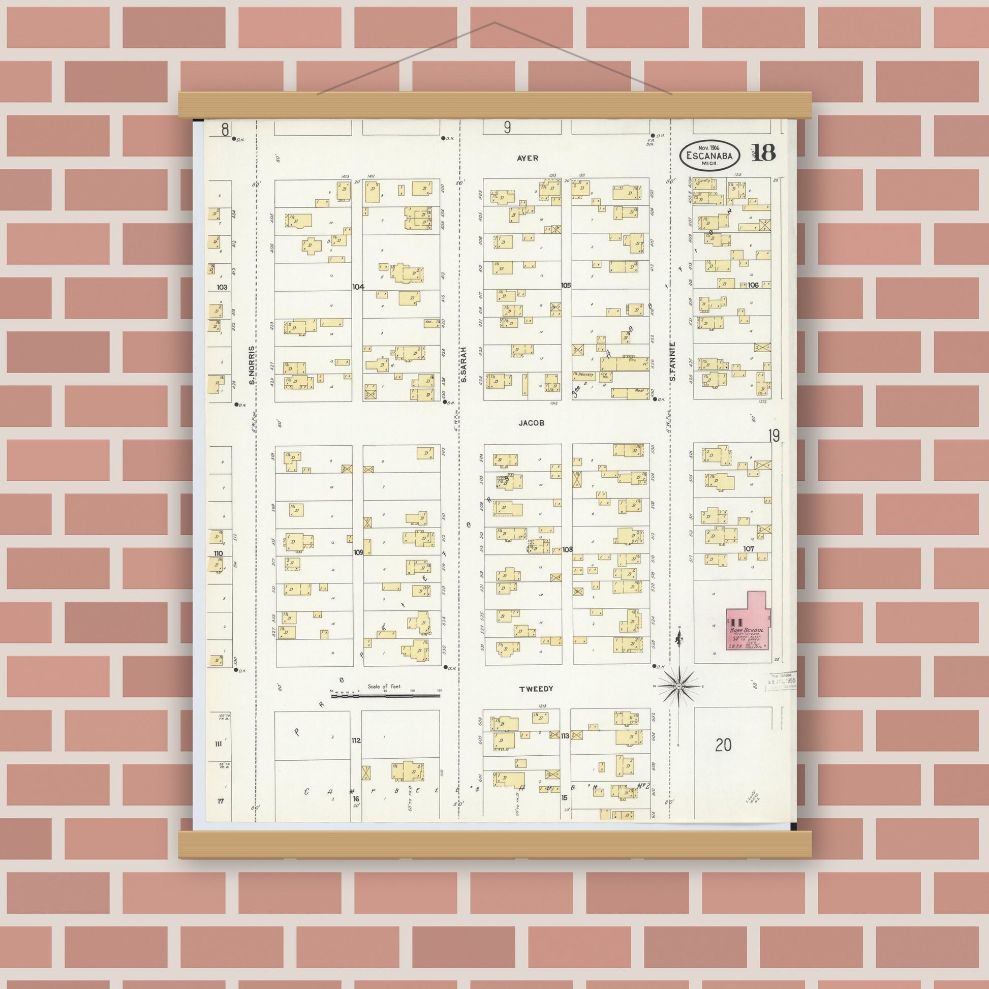 Old map wall art mockup — magnetic wood frame on brick wall — Sanborn Fire Insurance Map from Escanaba, Delta County, Michigan (1906), Sheet #0018