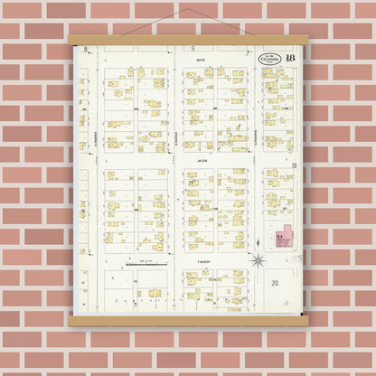 Old map wall art mockup — magnetic wood frame on brick wall — Sanborn Fire Insurance Map from Escanaba, Delta County, Michigan (1906), Sheet #0018