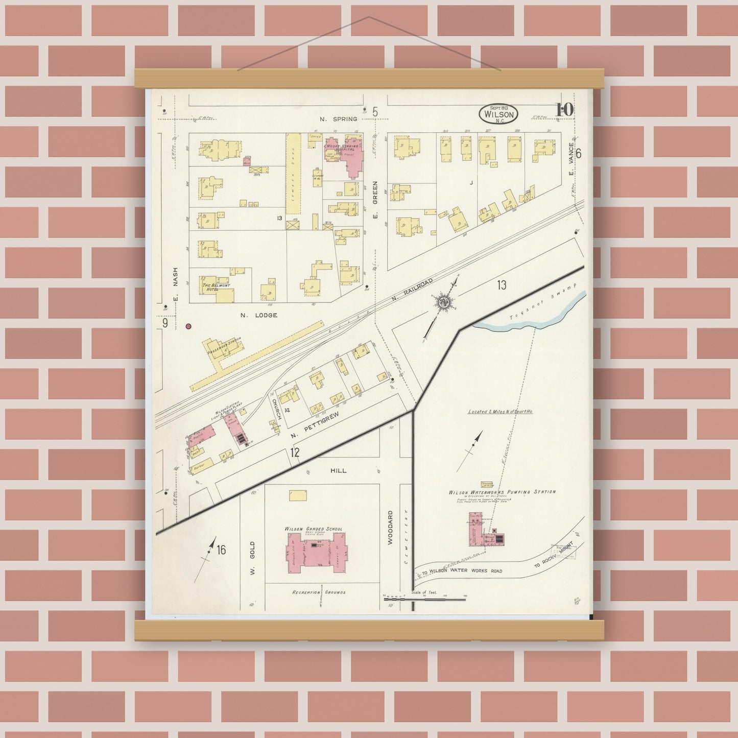 Old map wall art mockup — magnetic wood frame on brick wall — Sanborn Fire Insurance Map from Wilson, Wilson County, North Carolina (1913), Sheet #0010