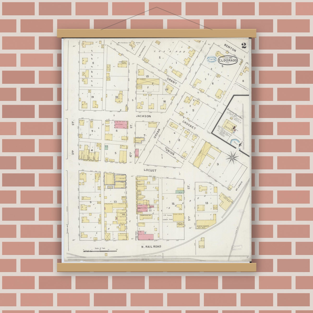 Old map wall art mockup — magnetic wood frame on brick wall — Sanborn Fire Insurance Map from Eldorado, Saline County, Illinois (1894), Sheet #0002