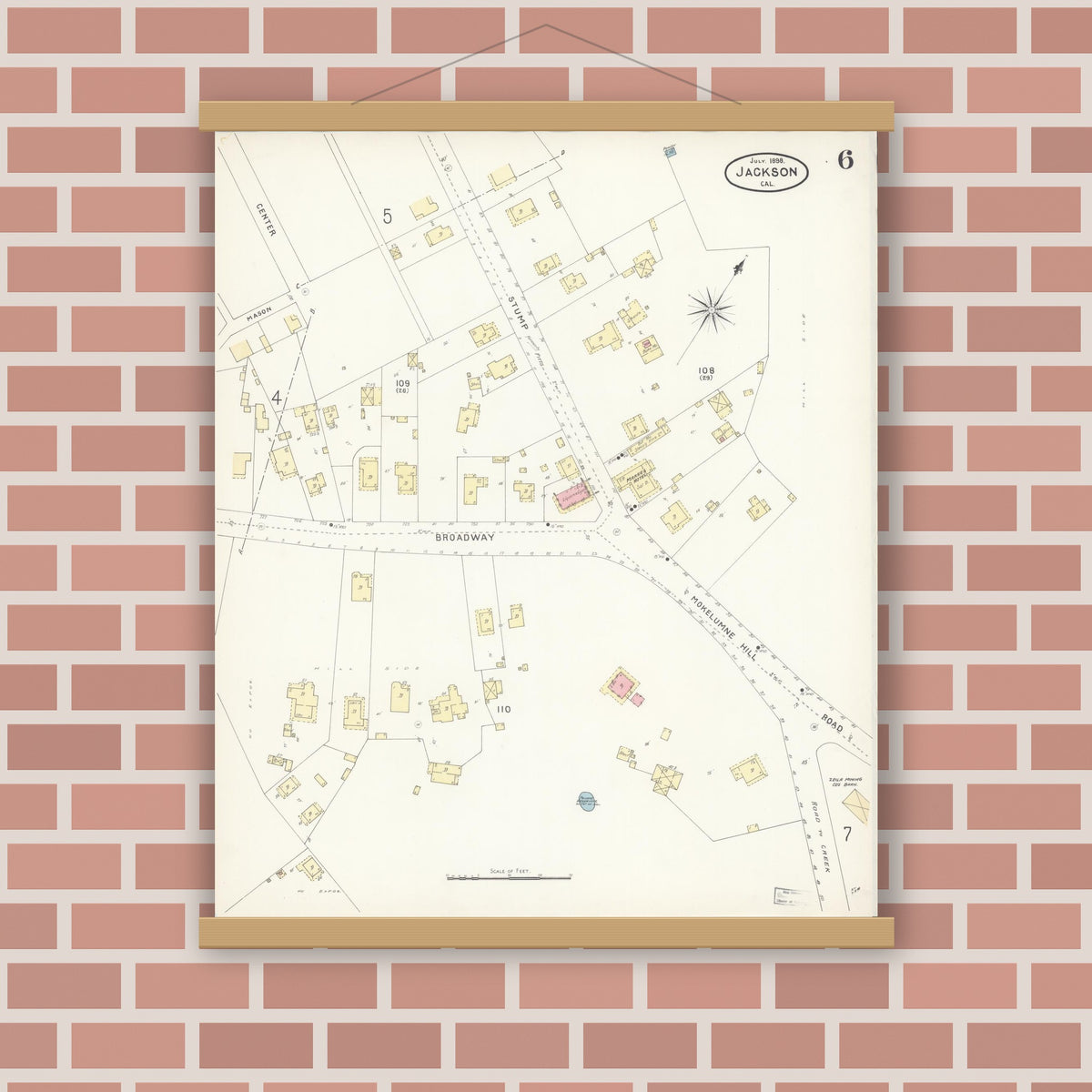 Old map wall art mockup — magnetic wood frame on brick wall — Sanborn Fire Insurance Map from Jackson, Amador County, California (1898), Sheet #0006