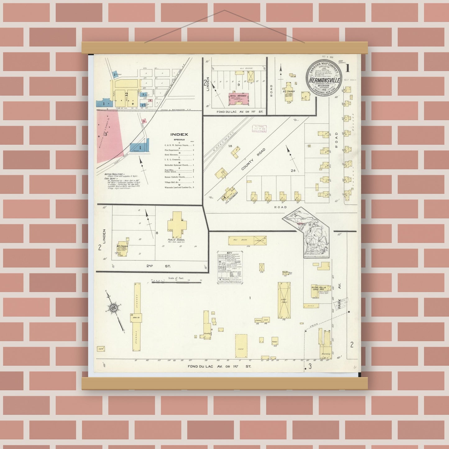 Old map wall art mockup — magnetic wood frame on brick wall — Sanborn Fire Insurance Map from Hermansville, Menominee County, Michigan (1913), Sheet #0001